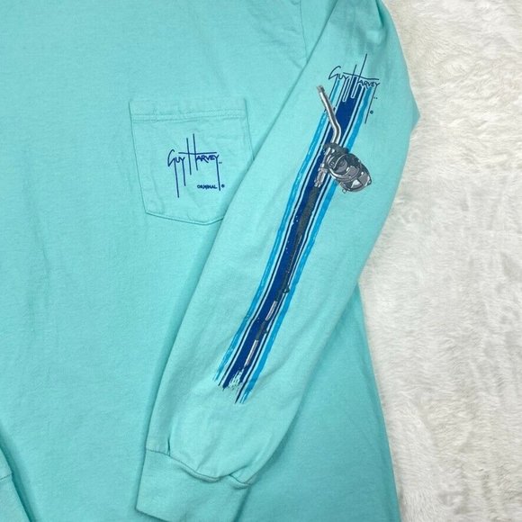 Guy Harvey Shirt Mens Large Blue Long Sleeve Pocket Tee Sailfish Boat Graphic - Picture 2 of 4